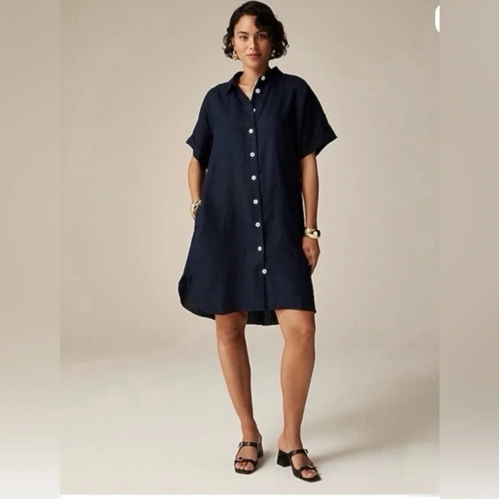 J.CREW Sz L Navy Blue Capitaine 100% Linen Shirtdress EUC Minimalist Summer - Picture 1 of 10